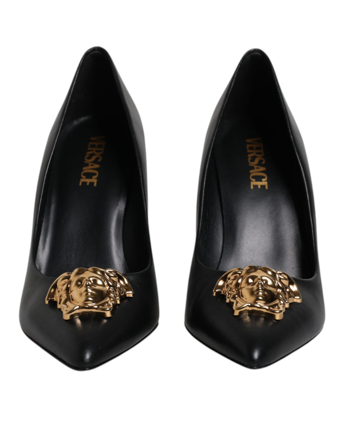 New Versace Black Leather Logo Plaque High Heels Pumps Shoes