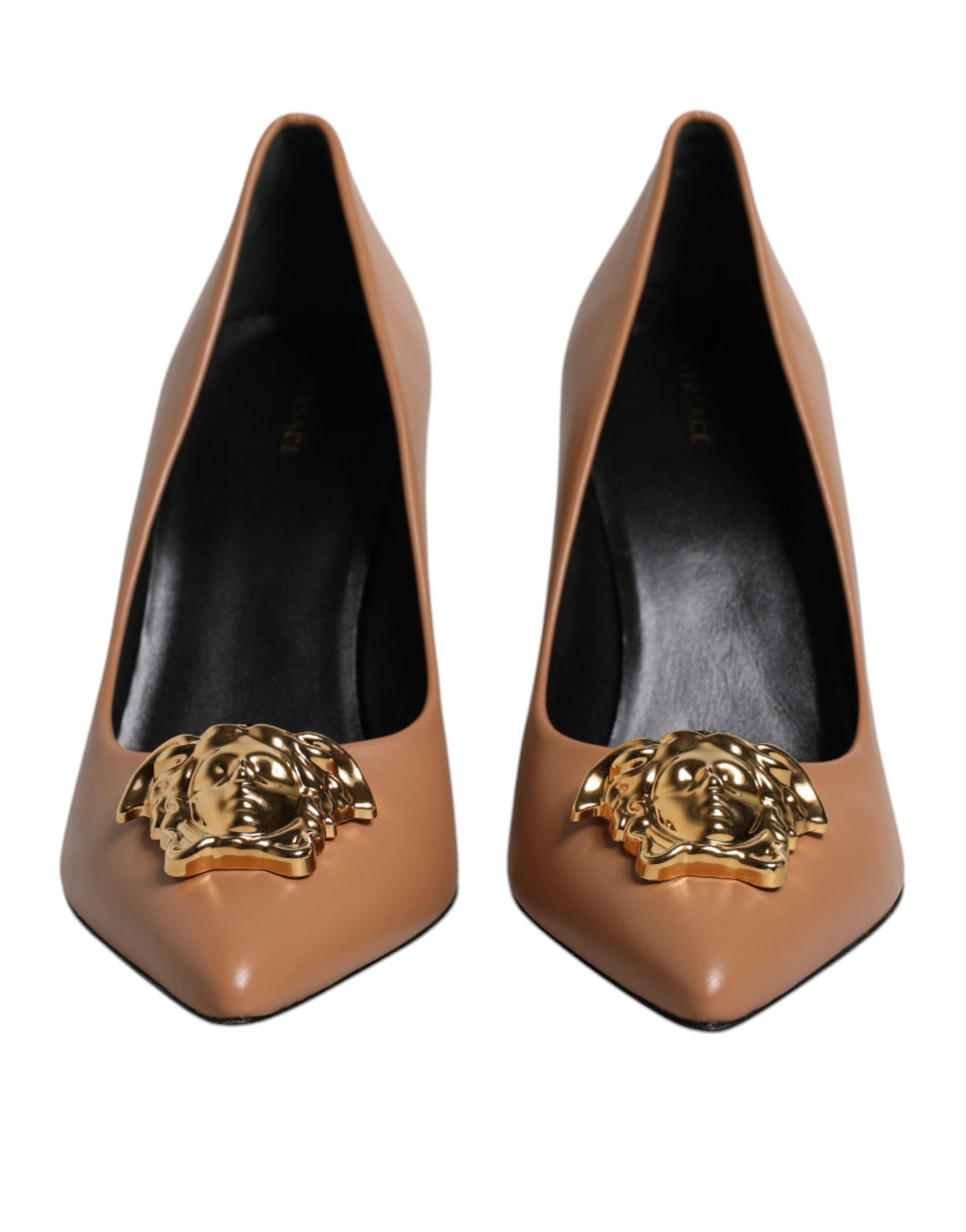 New Versace Brown Leather Logo Plaque High Heels Pumps Shoes