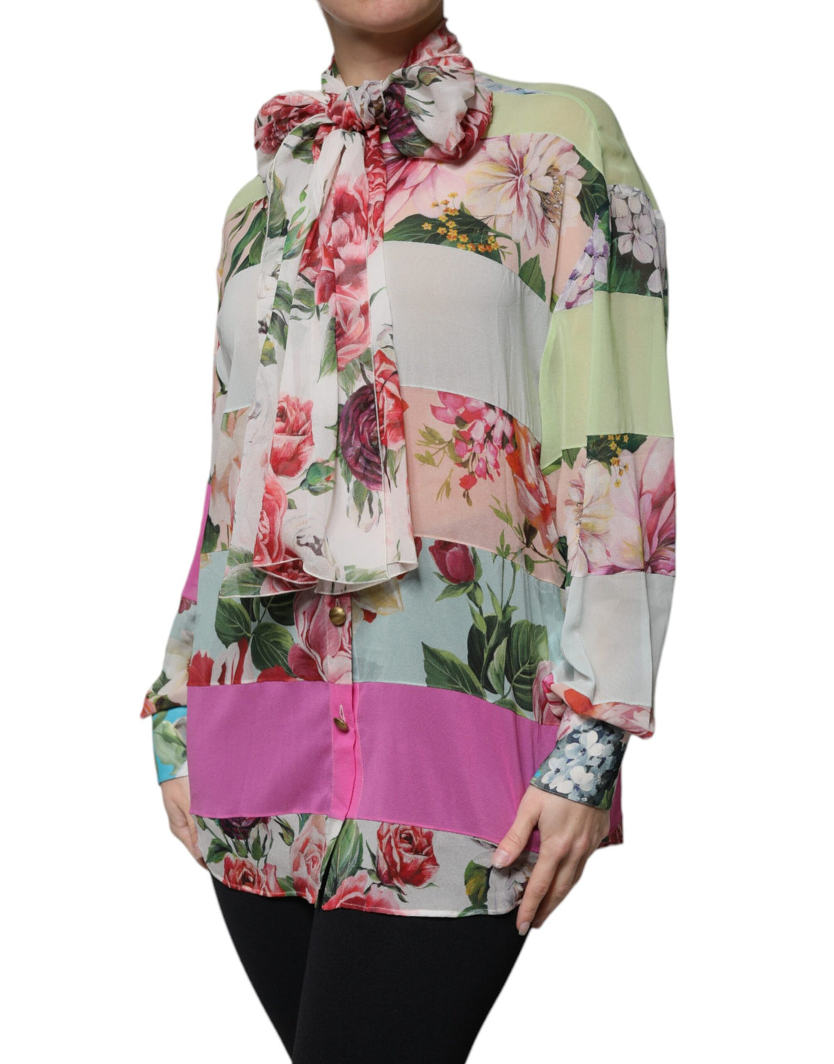 New Dolce & Gabbana Multicolor Floral Patchwork Ascot Collar Top