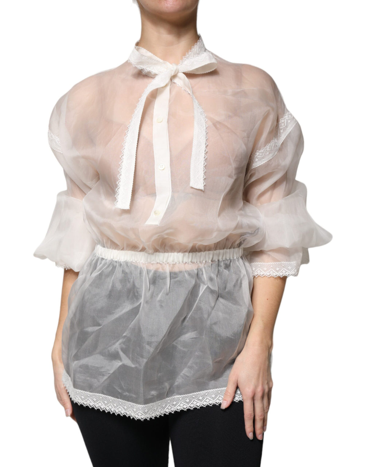 New Dolce & Gabbana White Ascot Collar Long Sleeves Blouse Top
