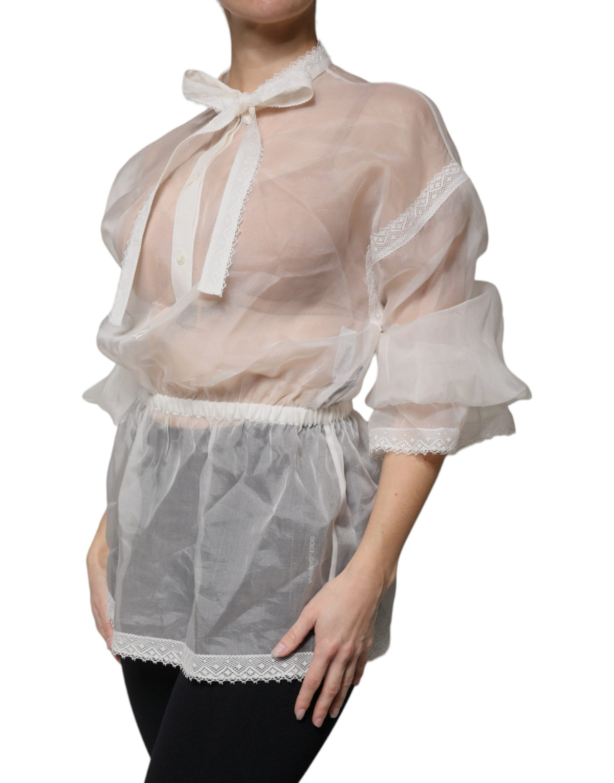 New Dolce & Gabbana White Ascot Collar Long Sleeves Blouse Top