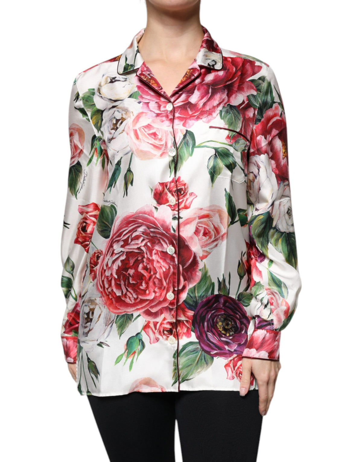 New Dolce & Gabbana White Peony Silk Long Sleeves Collared Blouse Top