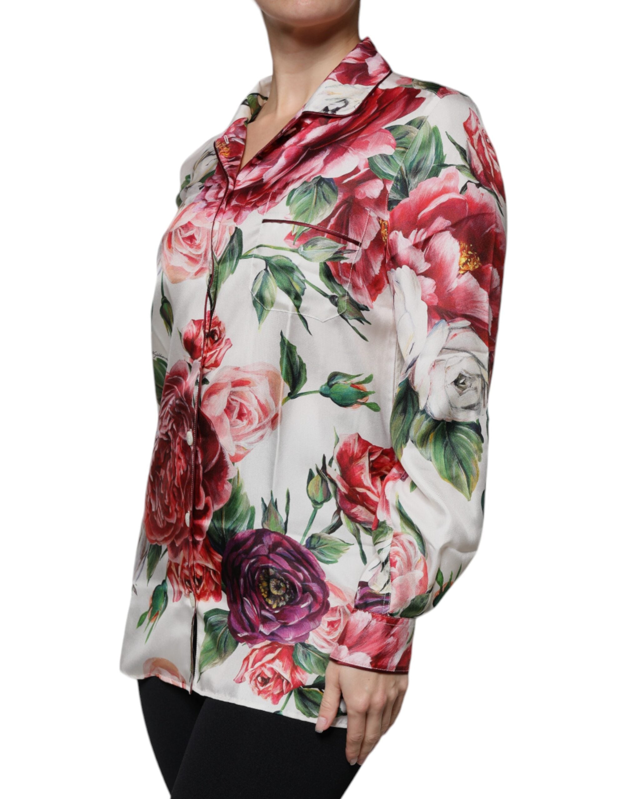 New Dolce & Gabbana White Peony Silk Long Sleeves Collared Blouse Top