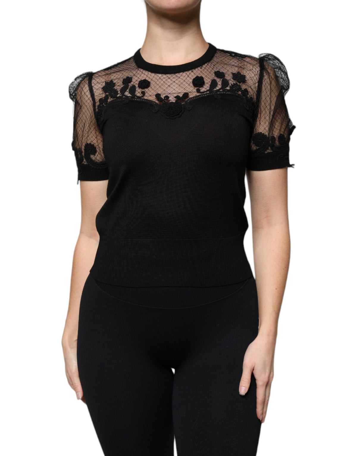 New Dolce & Gabbana Black Floral Lace Short Sleeves Blouse Top