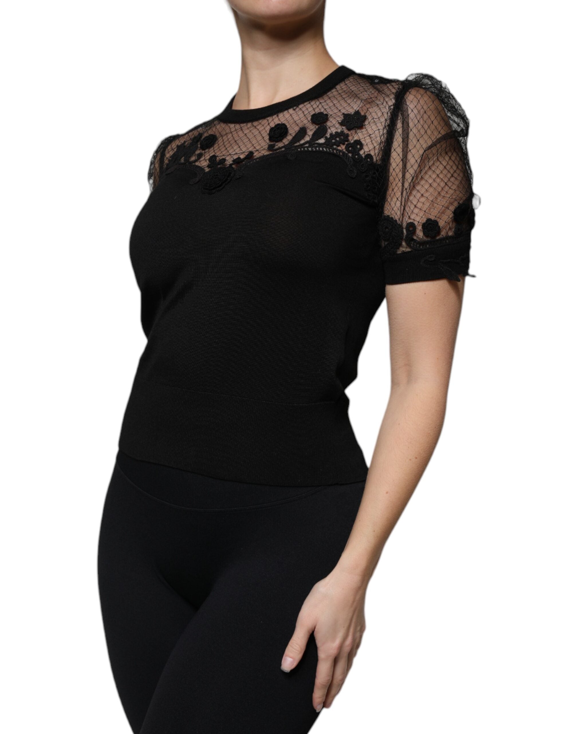 New Dolce & Gabbana Black Floral Lace Short Sleeves Blouse Top