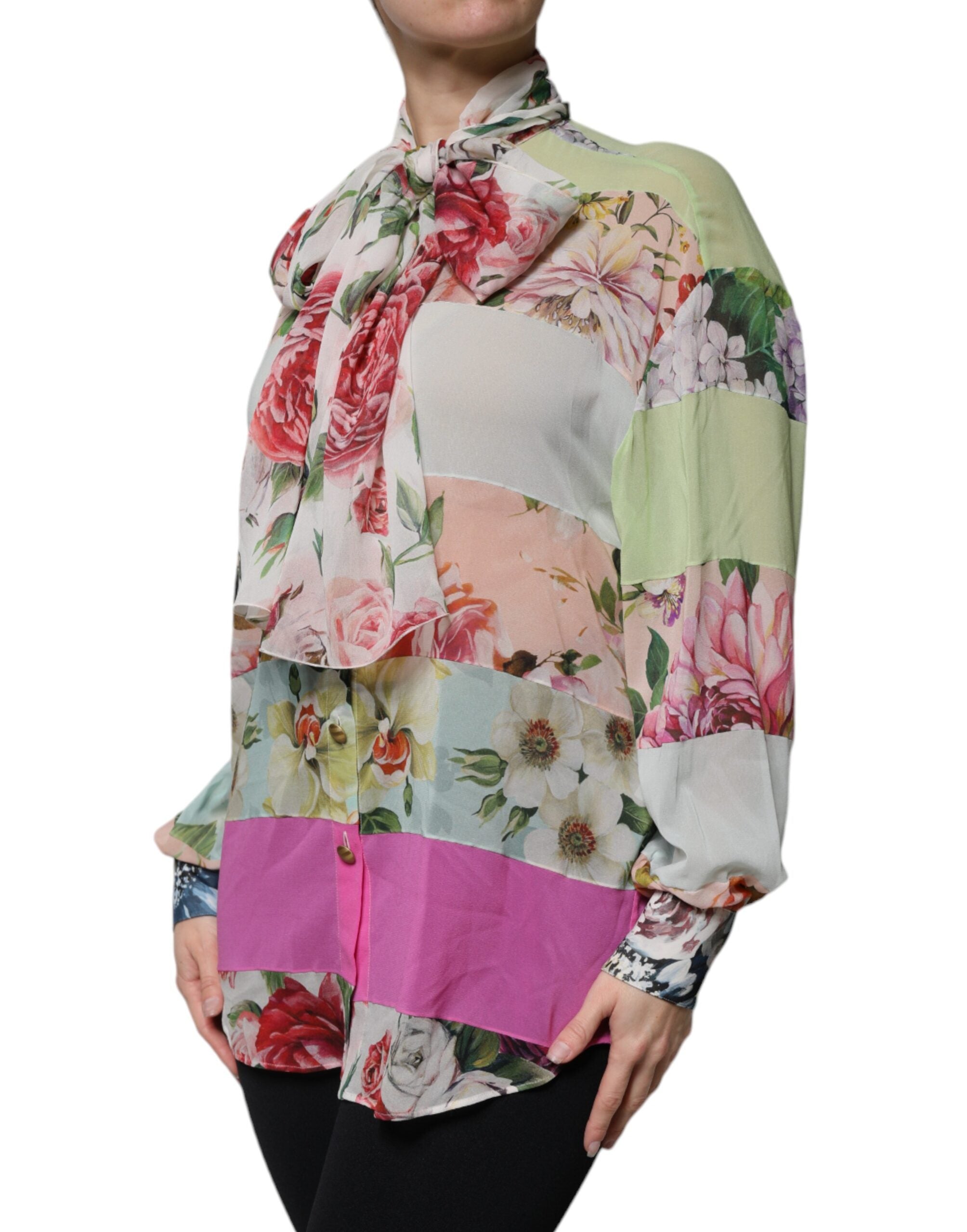 Pre-Owned Dolce & Gabbana Multicolor Floral Patchwork Ascot Collar Top