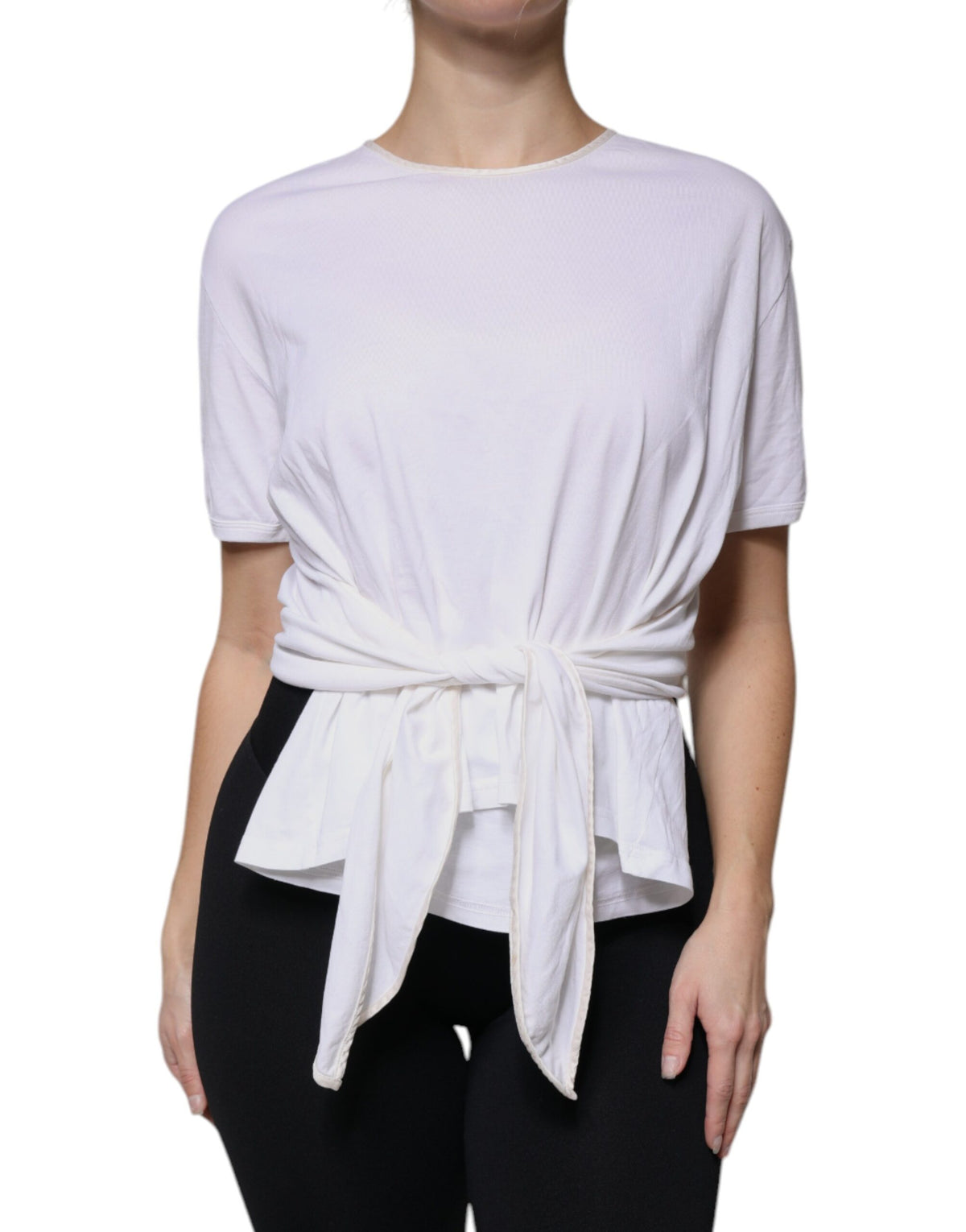 New Dolce & Gabbana White Cotton Silk Round Neck Wrap Blouse Top