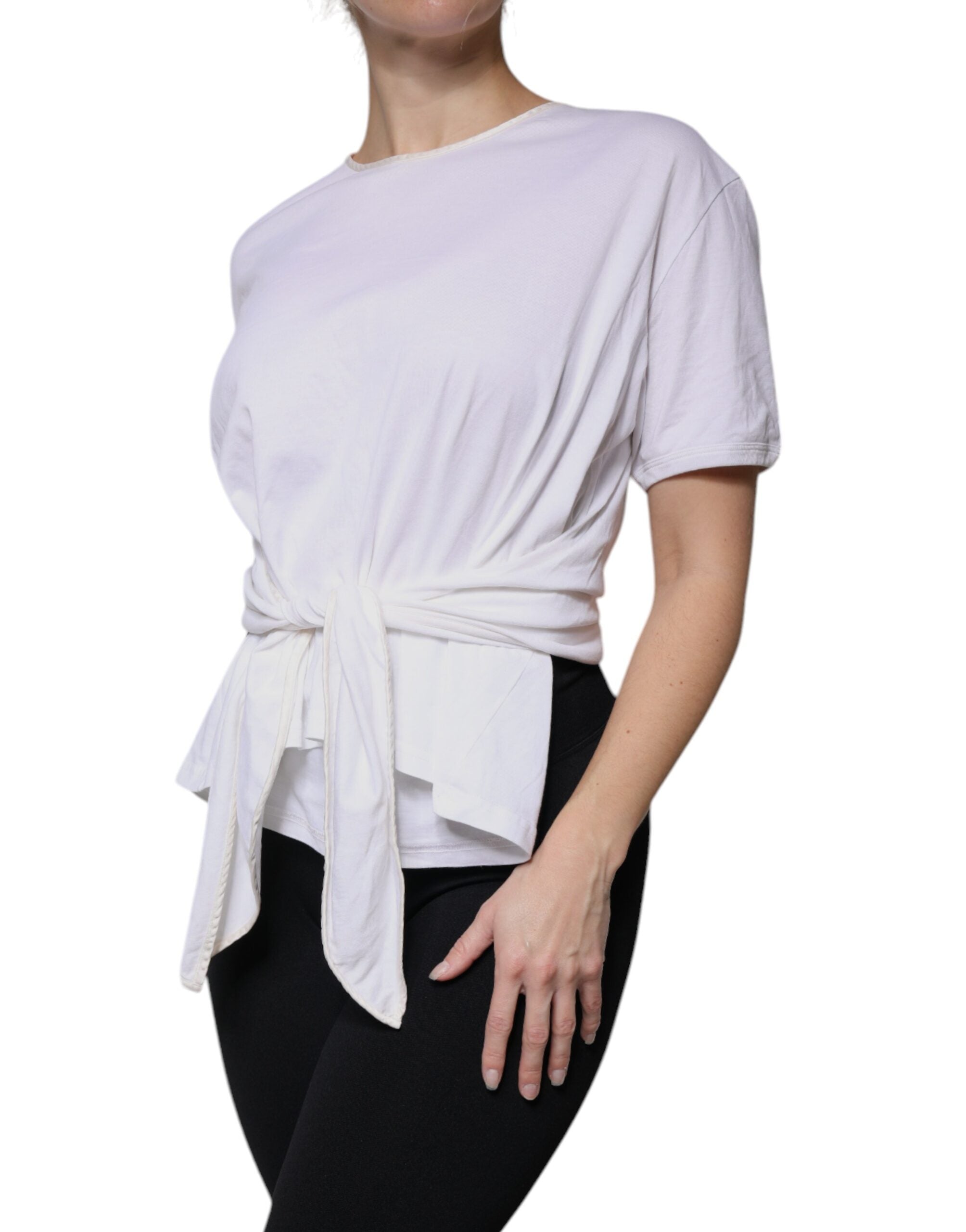 New Dolce & Gabbana White Cotton Silk Round Neck Wrap Blouse Top