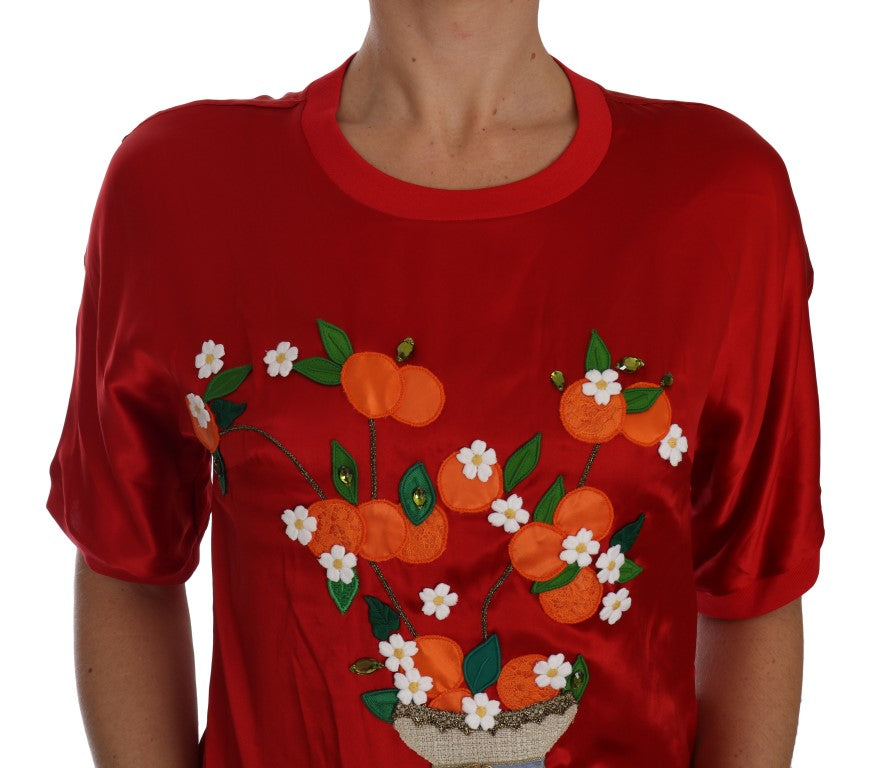 Dolce & Gabbana Red Silk Orange Vase Crystal Top - PreLoved & Luxe