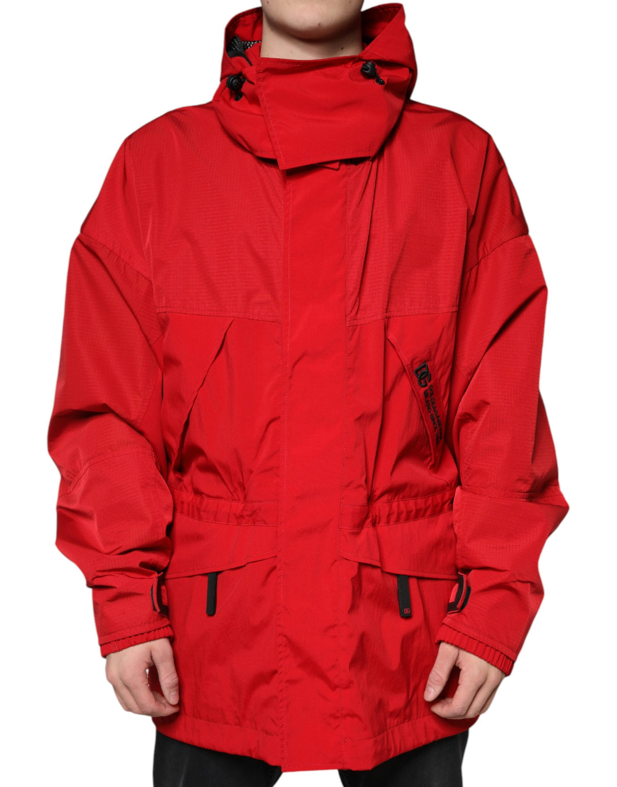 New Dolce & Gabbana Red Nylon Hooded Men Full Zip Parka Jacket