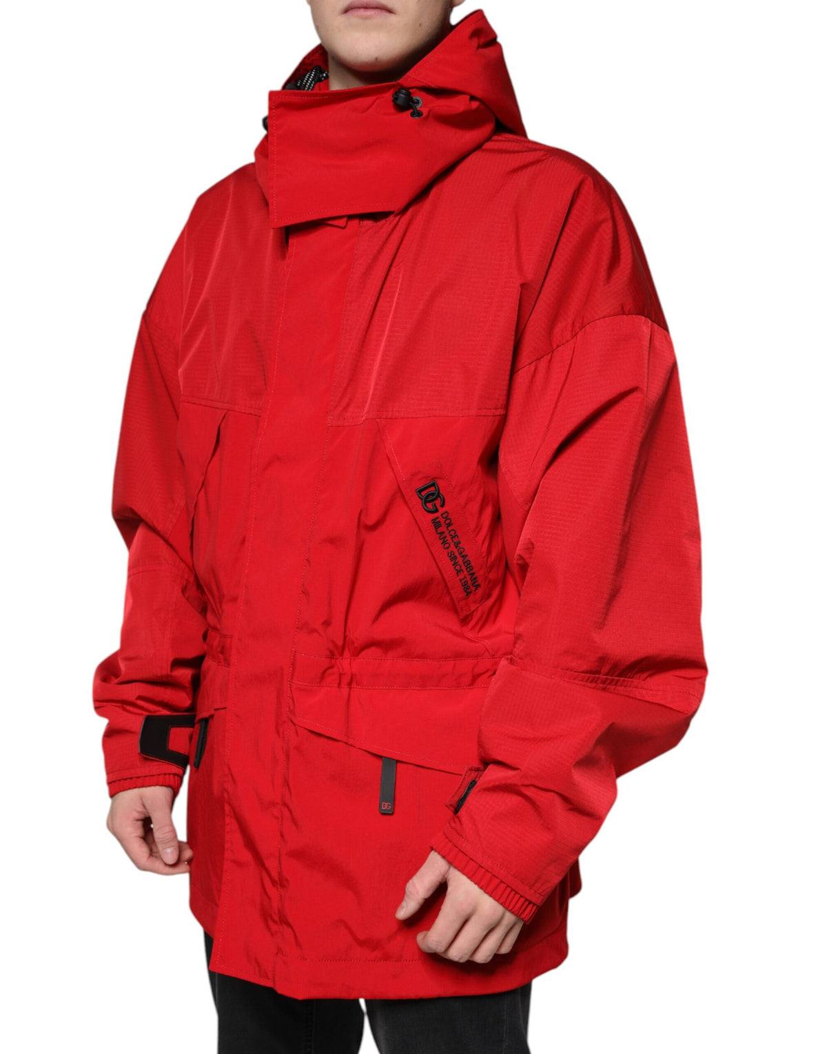 New Dolce & Gabbana Red Nylon Hooded Men Full Zip Parka Jacket