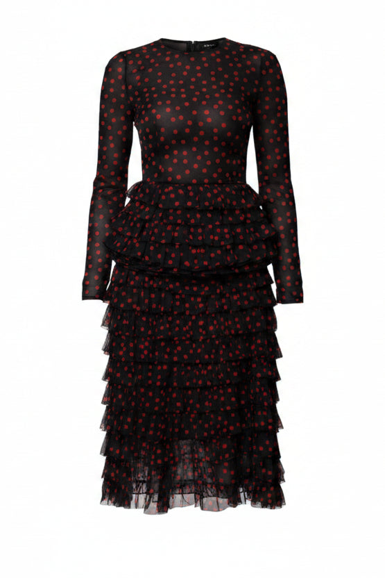 Dolce & Gabbana Black Red Polka Dot Silk Layered Midi Dress
