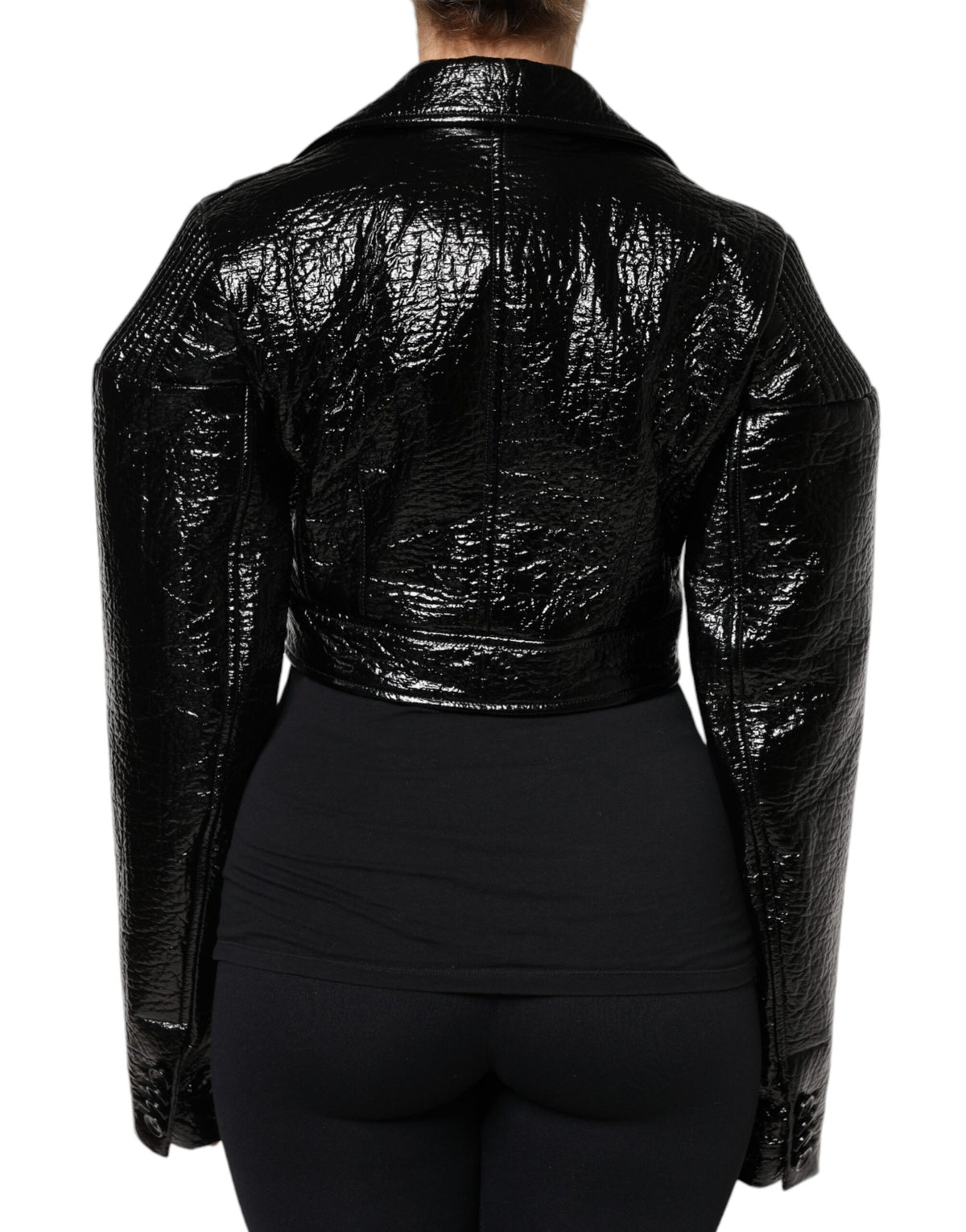 New Dolce & Gabbana Black Leather Cropped Long Sleeve Coat Jacket