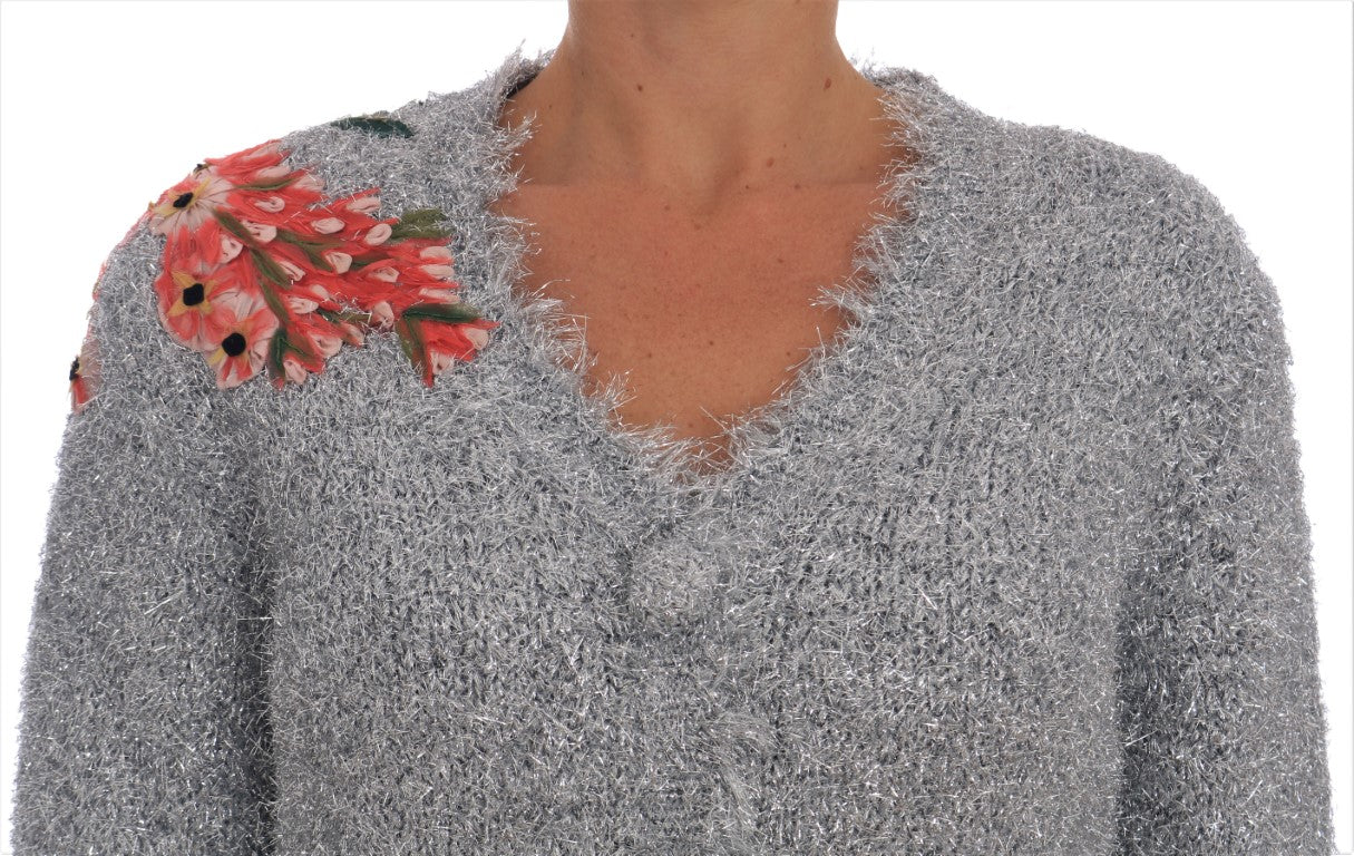 Dolce & Gabbana Silver Cardigan Floral Applique Sweater - PreLoved & Luxe