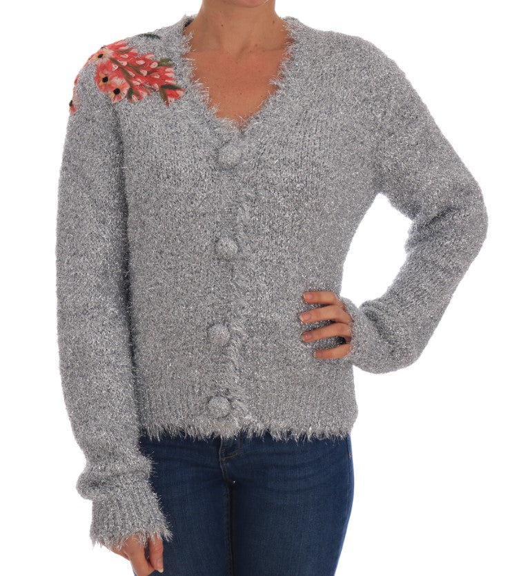 Dolce & Gabbana Silver Cardigan Floral Applique Sweater - PreLoved & Luxe