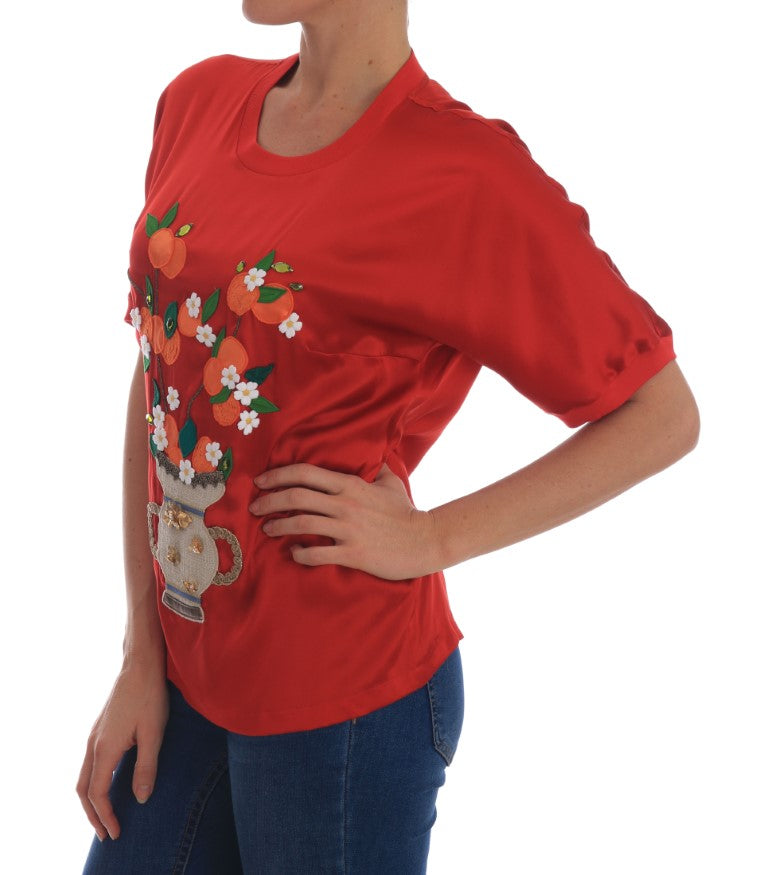 Dolce & Gabbana Red Silk Oranges Floral Crystal Blouse - PreLoved & Luxe