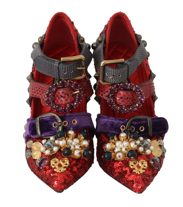 New Dolce & Gabbana Red Sequined Crystal Studs Heels Shoes
