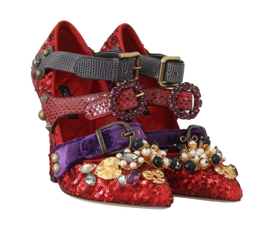 New Dolce & Gabbana Red Sequined Crystal Studs Heels Shoes