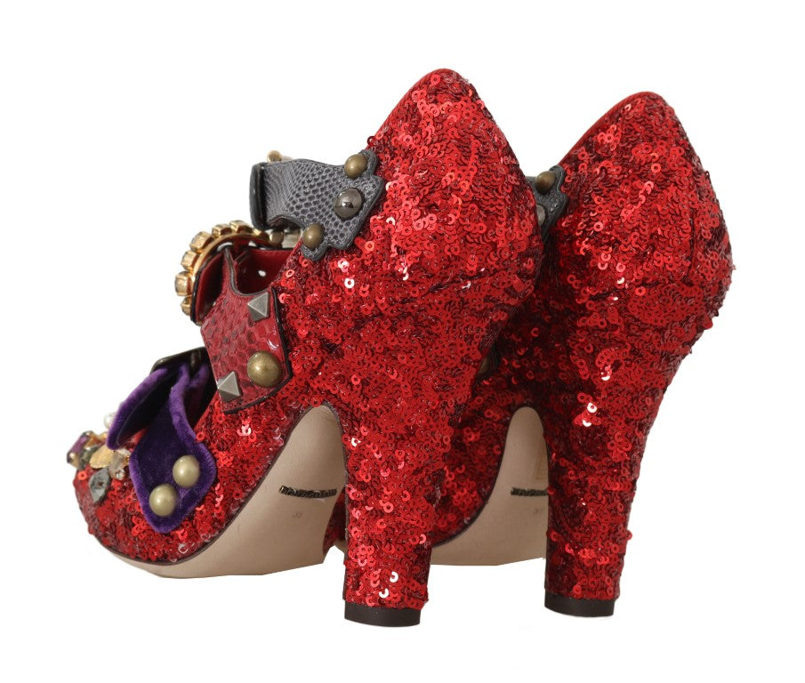 New Dolce & Gabbana Red Sequined Crystal Studs Heels Shoes