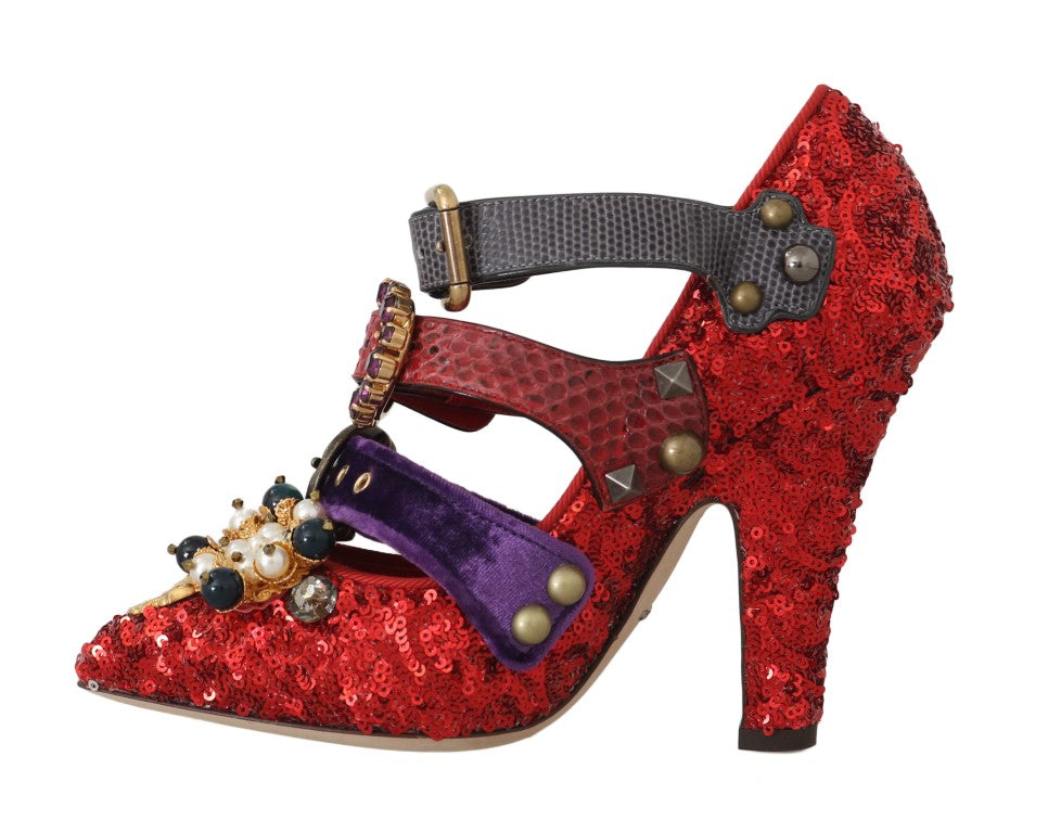 New Dolce & Gabbana Red Sequined Crystal Studs Heels Shoes