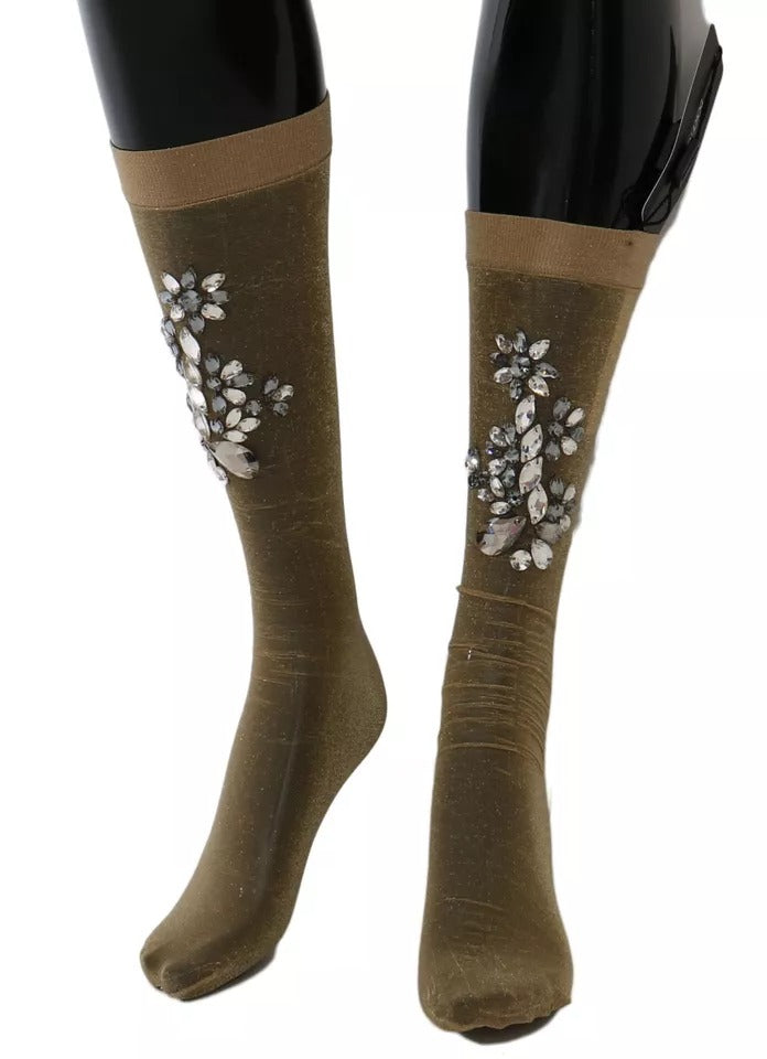 New Dolce & Gabbana Gold Stretch Floral Clear Crystal Stocking Socks