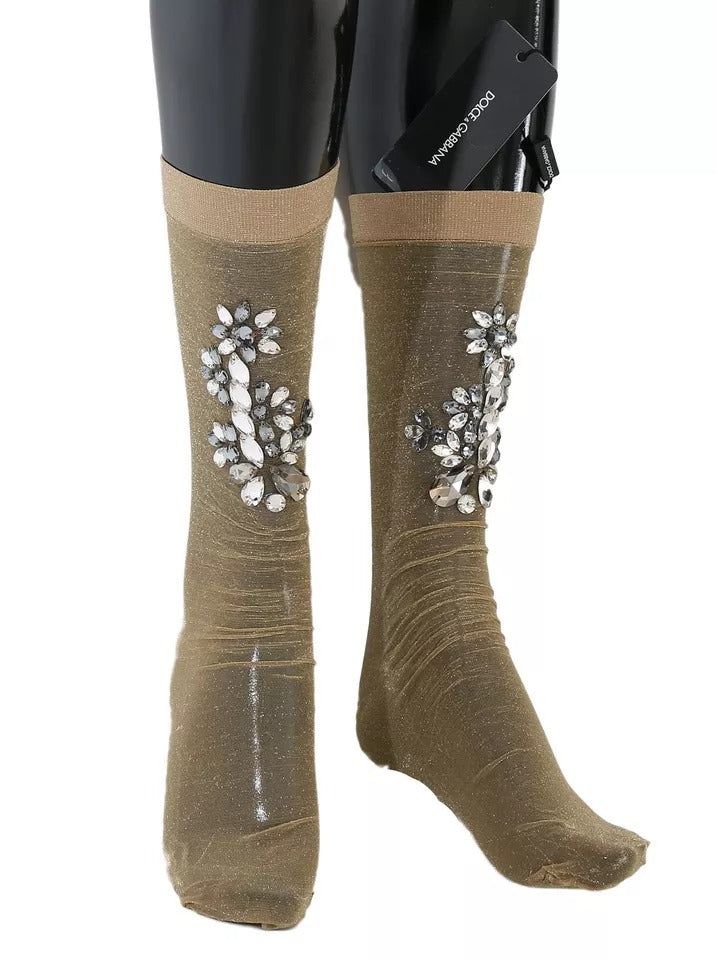 New Dolce & Gabbana Gold Stretch Floral Clear Crystal Stocking Socks