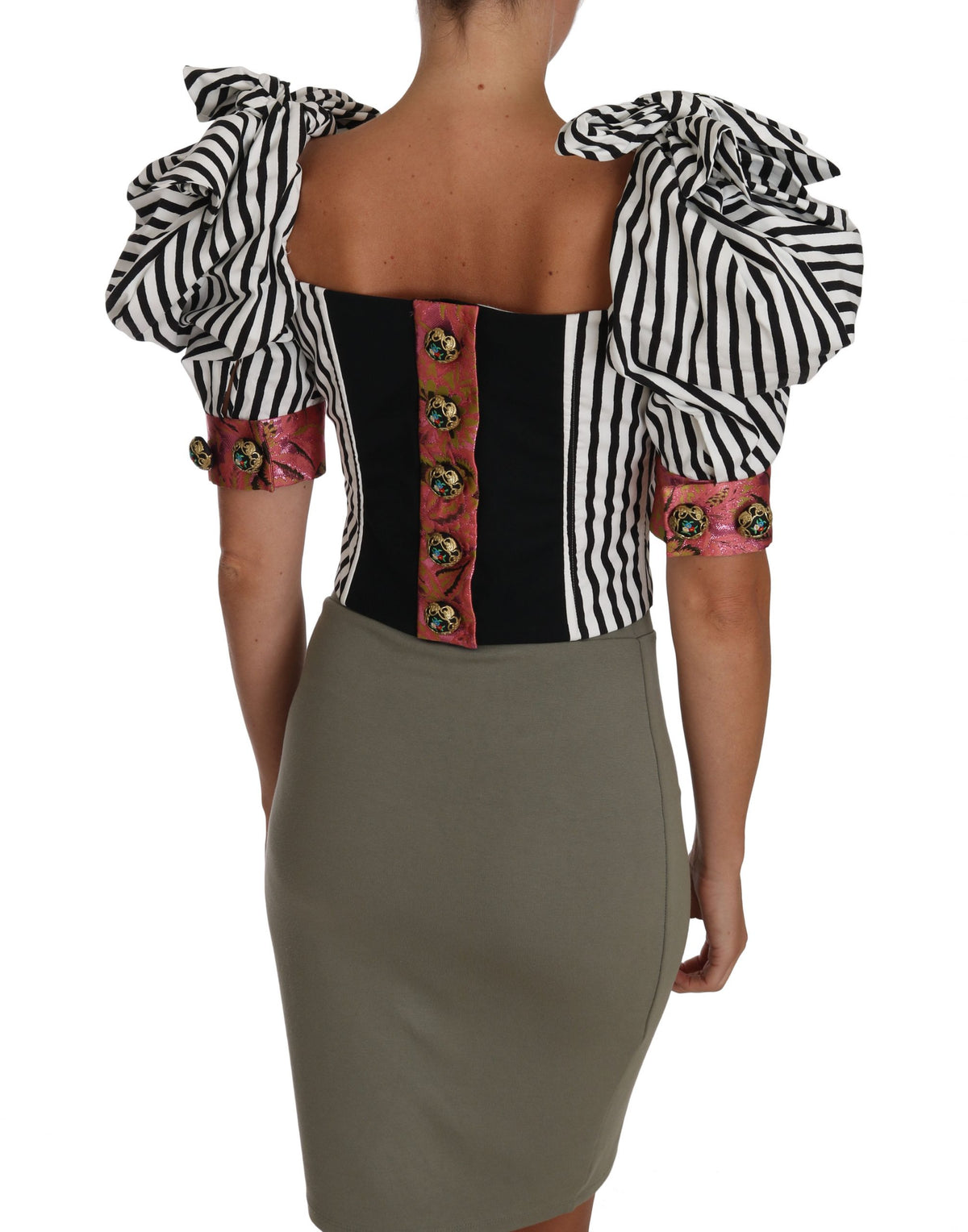 New Dolce & Gabbana White Black Striped Cropped Top Puff Sleeve Shirts