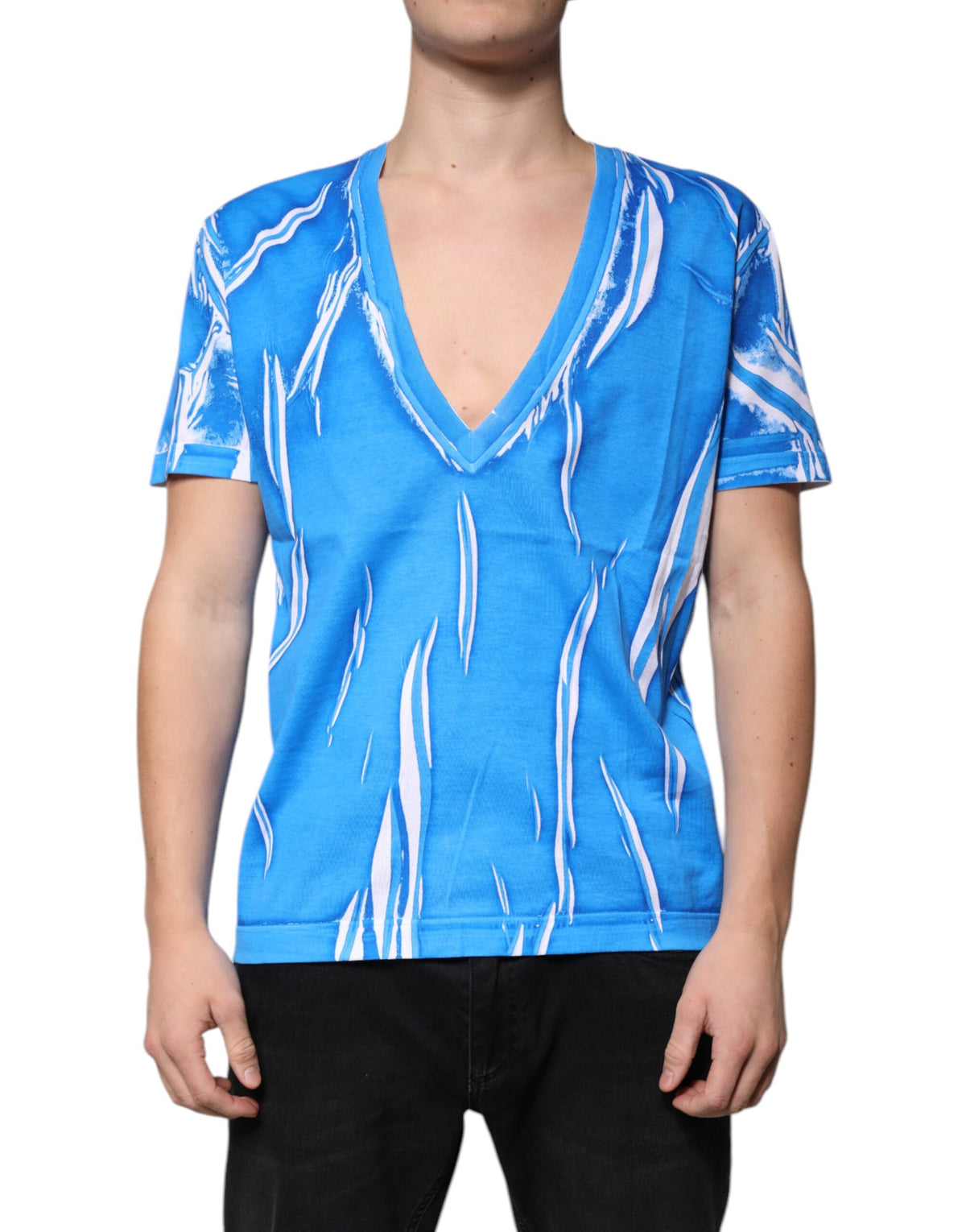 New Dolce & Gabbana Blue Cotton V-neck Short Sleeves T-shirt