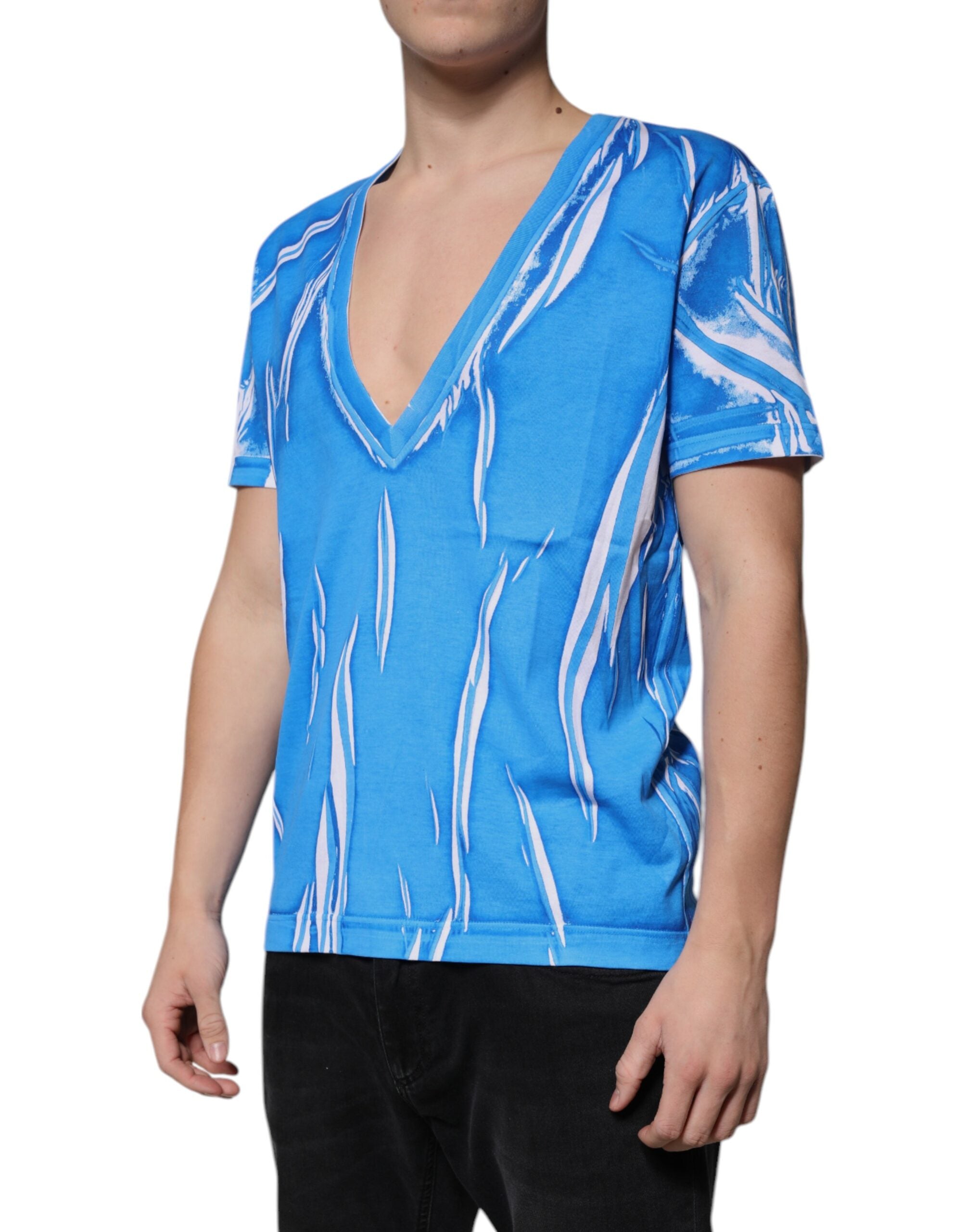 New Dolce & Gabbana Blue Cotton V-neck Short Sleeves T-shirt