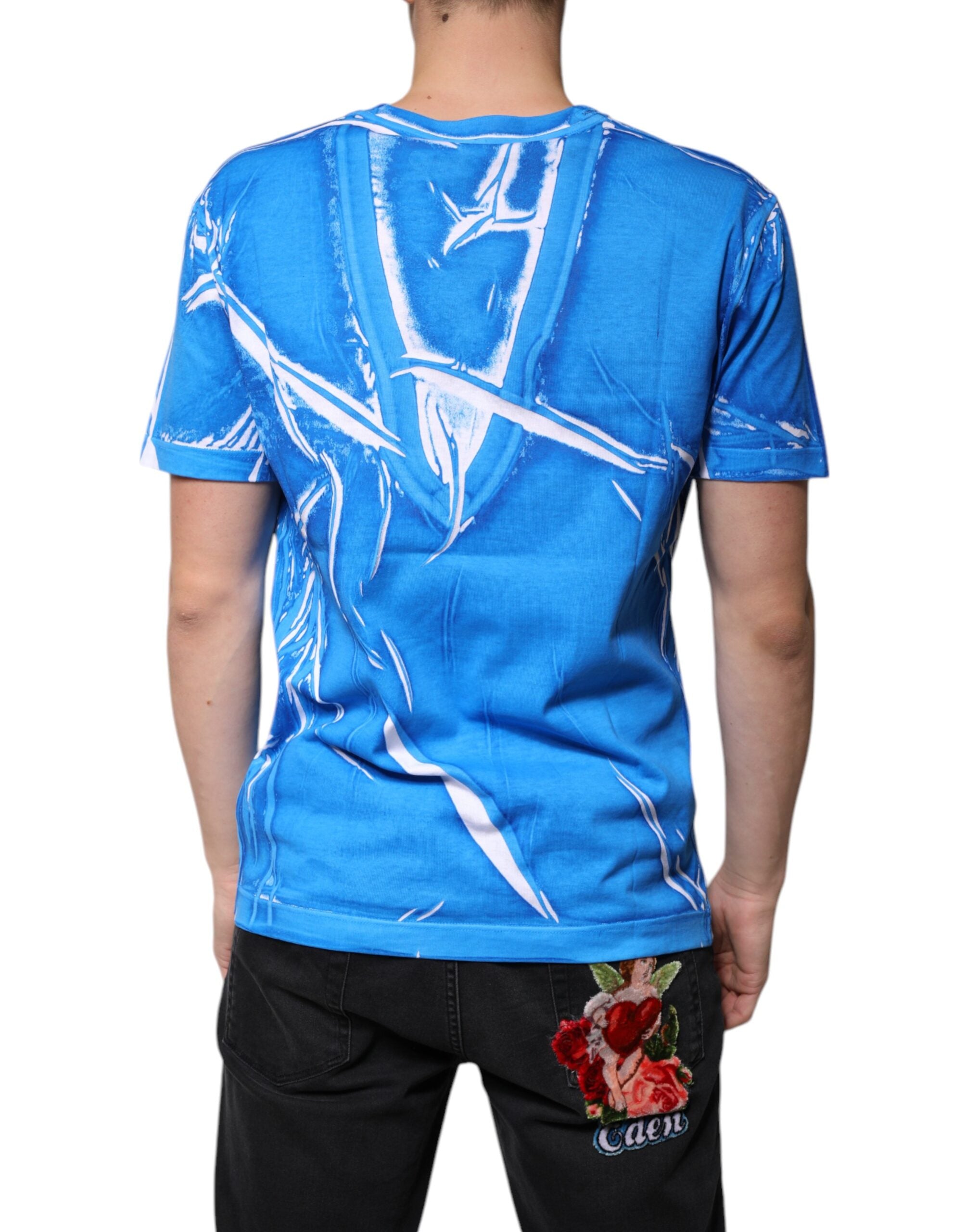 New Dolce & Gabbana Blue Cotton V-neck Short Sleeves T-shirt