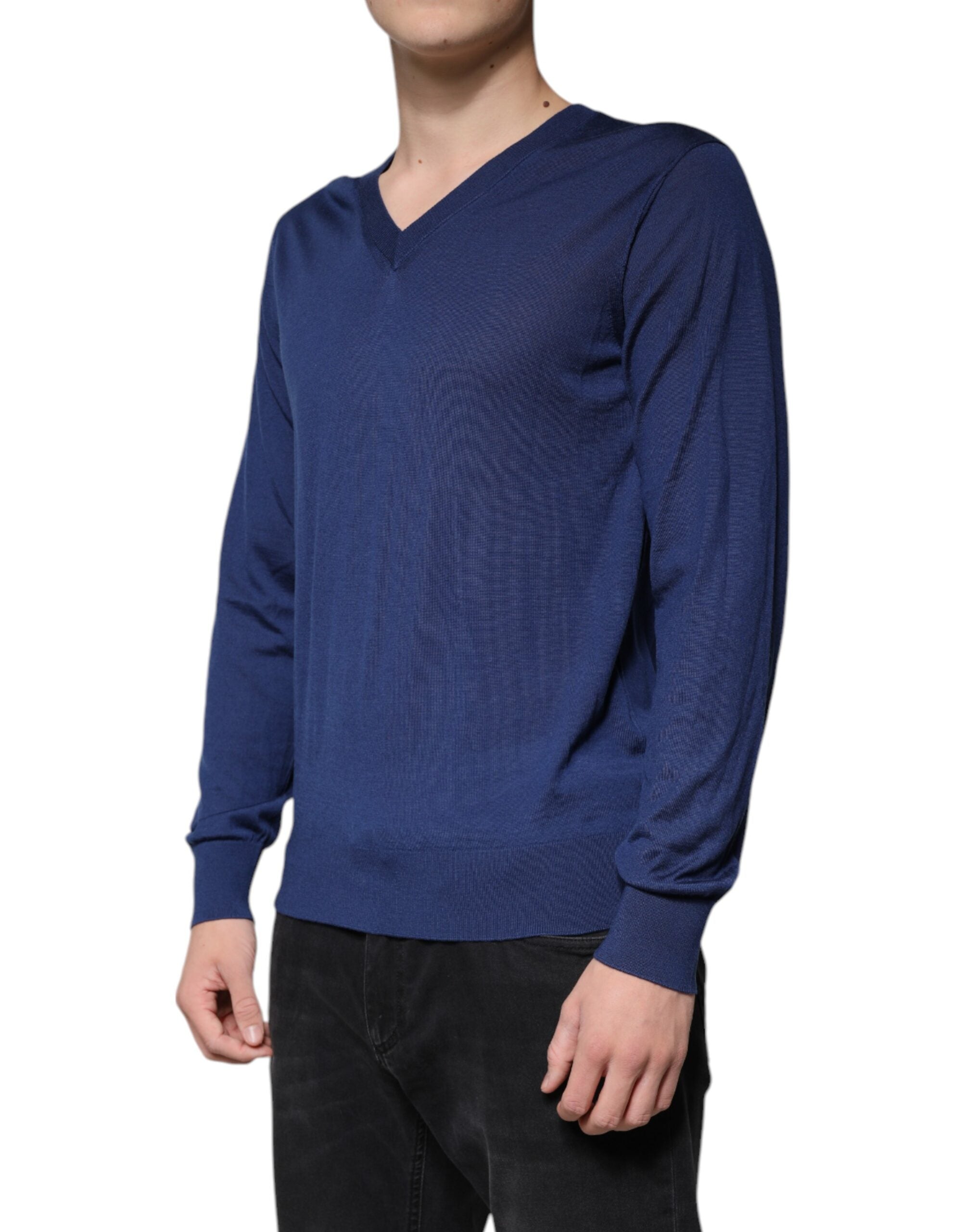 New Dolce & Gabbana Navy Blue Cashmere V-neck Pullover Sweater