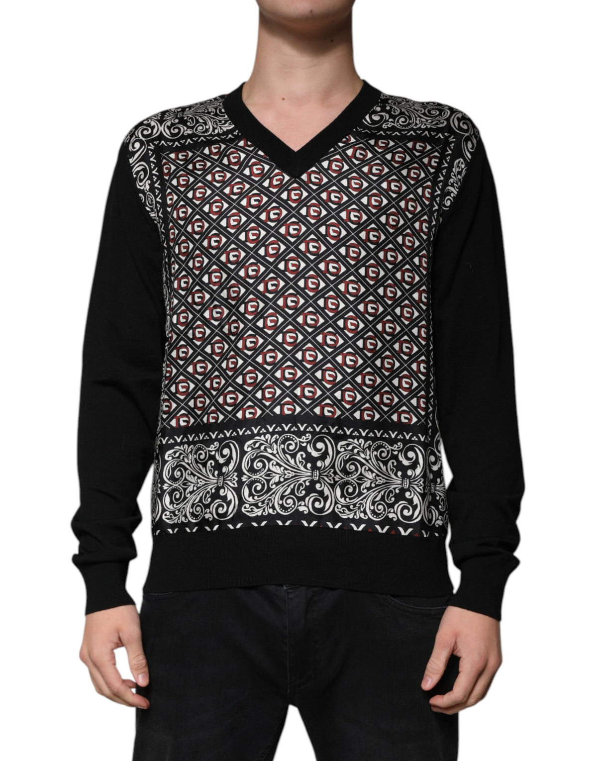 New Dolce & Gabbana Black Logo Wool V-neck Pullover Sweater