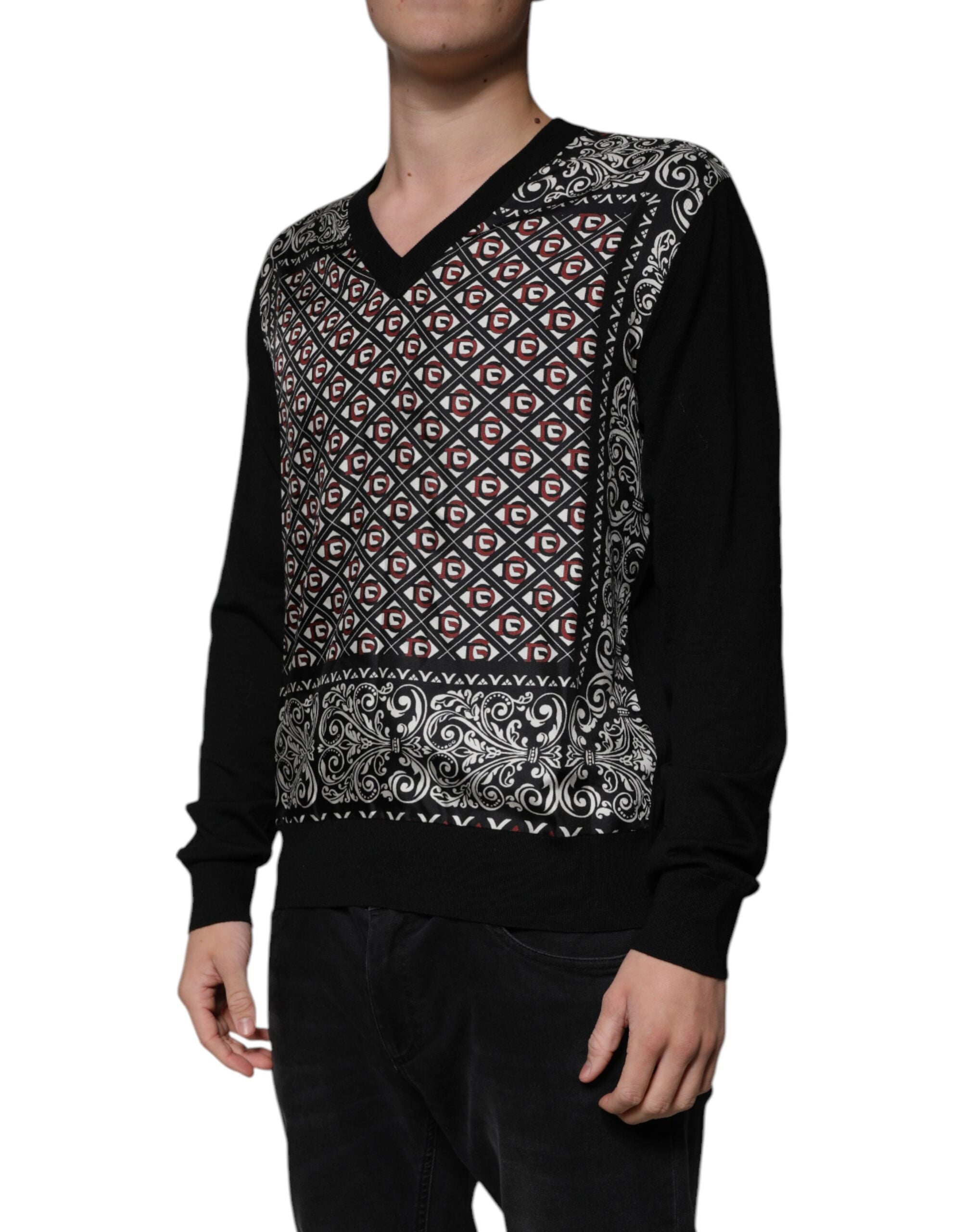 New Dolce & Gabbana Black Logo Wool V-neck Pullover Sweater