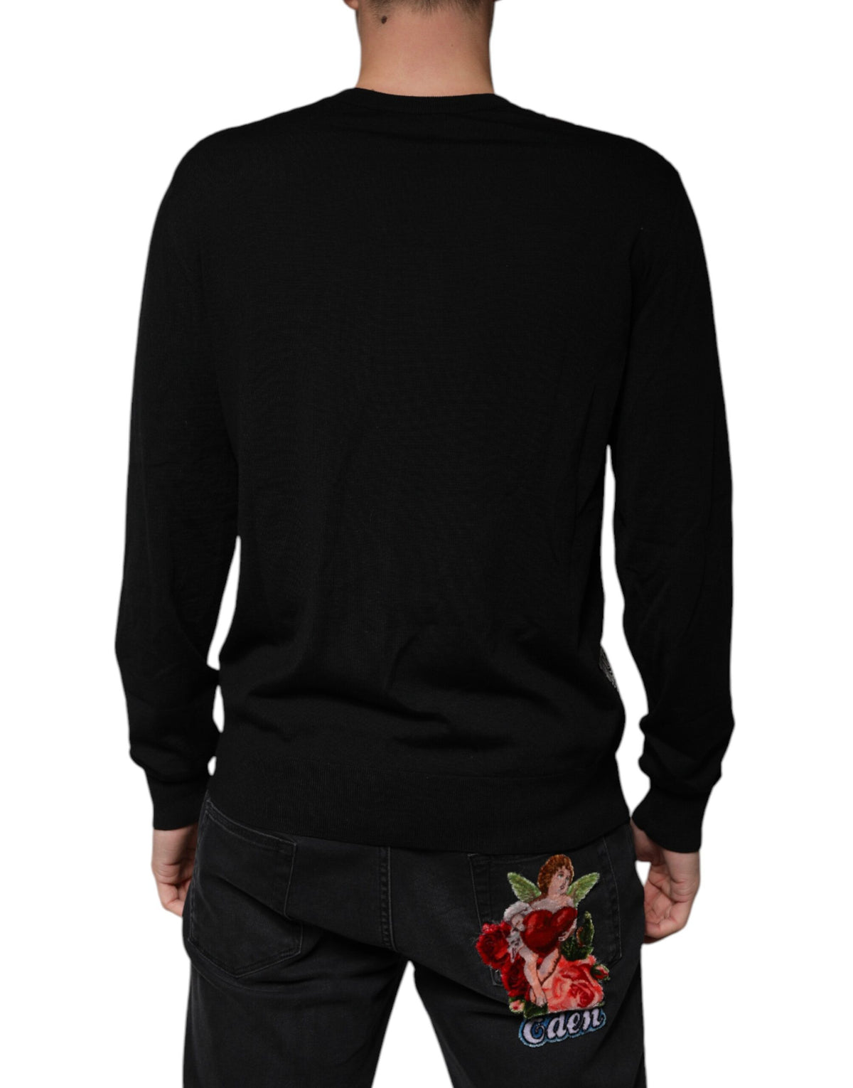 New Dolce & Gabbana Black Logo Wool V-neck Pullover Sweater