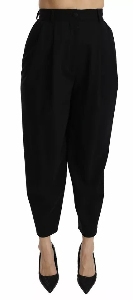 New Dolce & Gabbana Black Wool High Waist Pleat Front Cropped Pants
