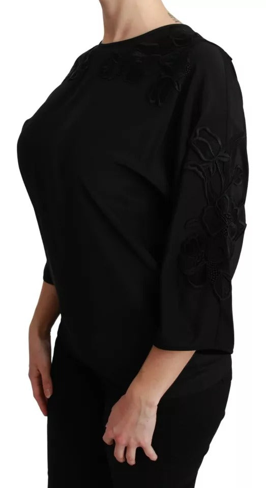 New Dolce & Gabbana Black Floral Embroidered Blouse Silk Top