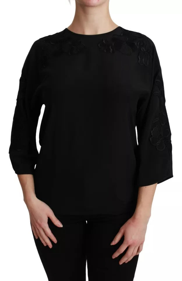 New Dolce & Gabbana Black Floral Embroidered Blouse Silk Top
