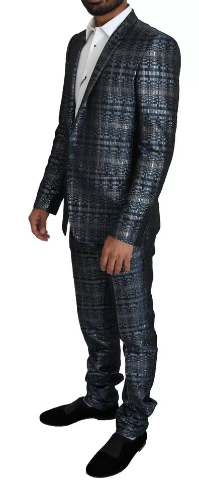 New Dolce & Gabbana Blue Silver Shiny 2 Piece Slim GOLD Suit