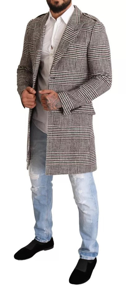 New Dolce & Gabbana Gray Check Plaid Long Trench Coat Jacket