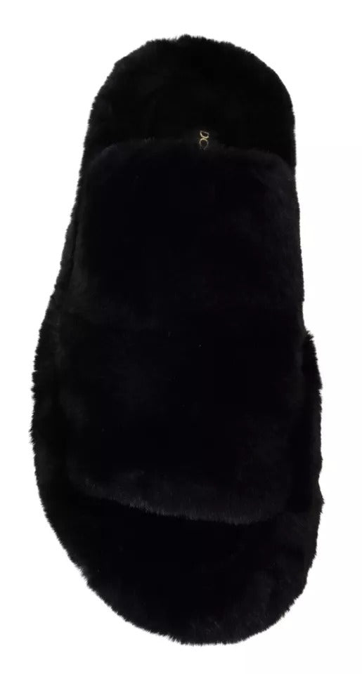 New Dolce & Gabbana Black Faux Fur Mens Flats Sandals Shoes