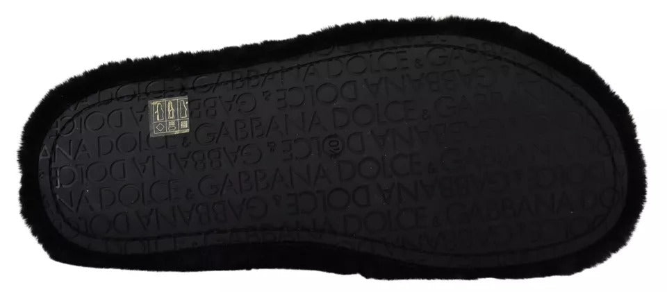 New Dolce & Gabbana Black Faux Fur Mens Flats Sandals Shoes