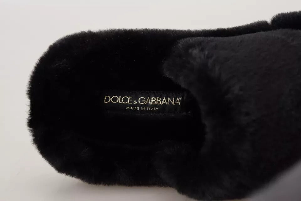 New Dolce & Gabbana Black Faux Fur Mens Flats Sandals Shoes