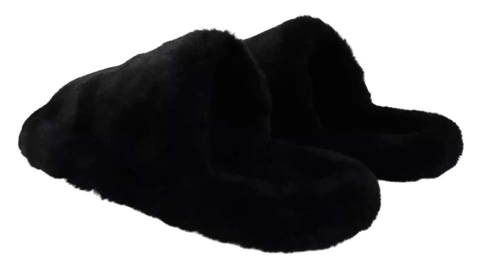 New Dolce & Gabbana Black Faux Fur Mens Flats Sandals Shoes
