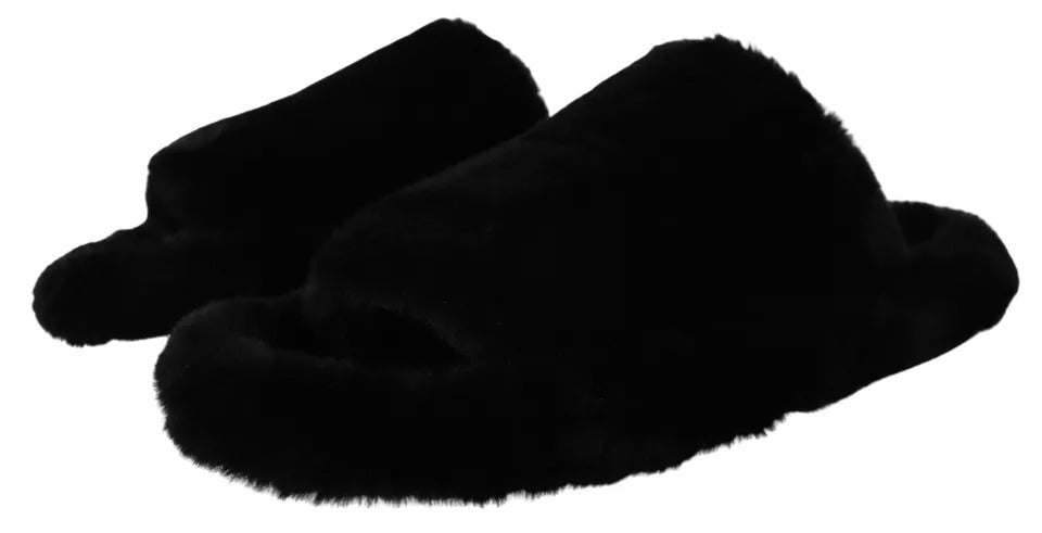 New Dolce & Gabbana Black Faux Fur Mens Flats Sandals Shoes