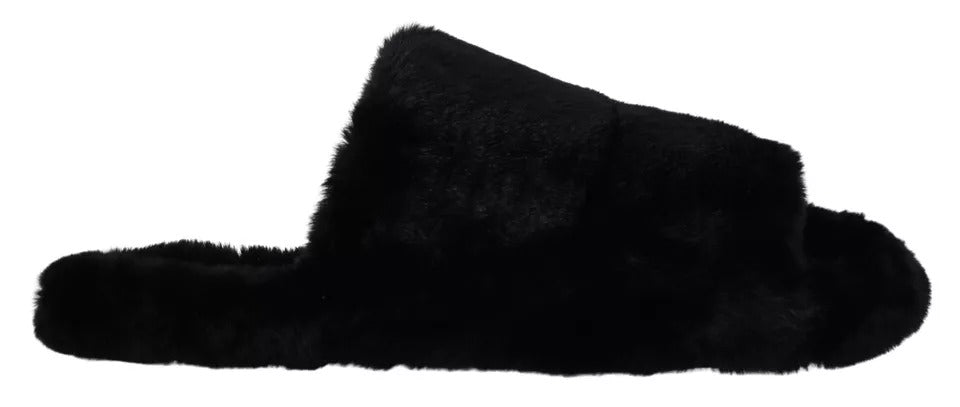 New Dolce & Gabbana Black Polyester Faux Fur Mens Flats Sandals Shoes