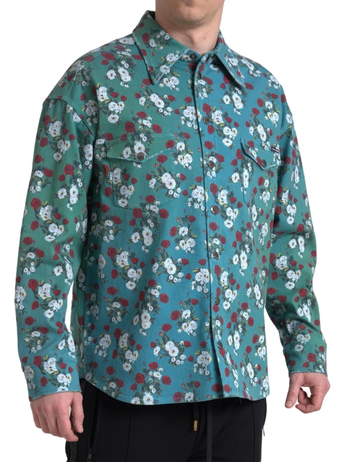 New Dolce & Gabbana Blue Floral Cotton Button Down Denim Shirt