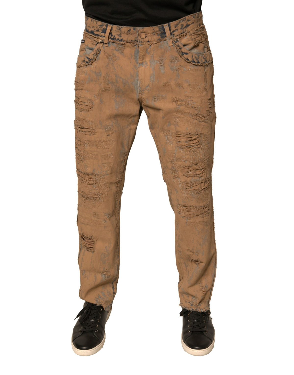 New Dolce & Gabbana Brown Tattered Cotton Skinny Denim Jeans