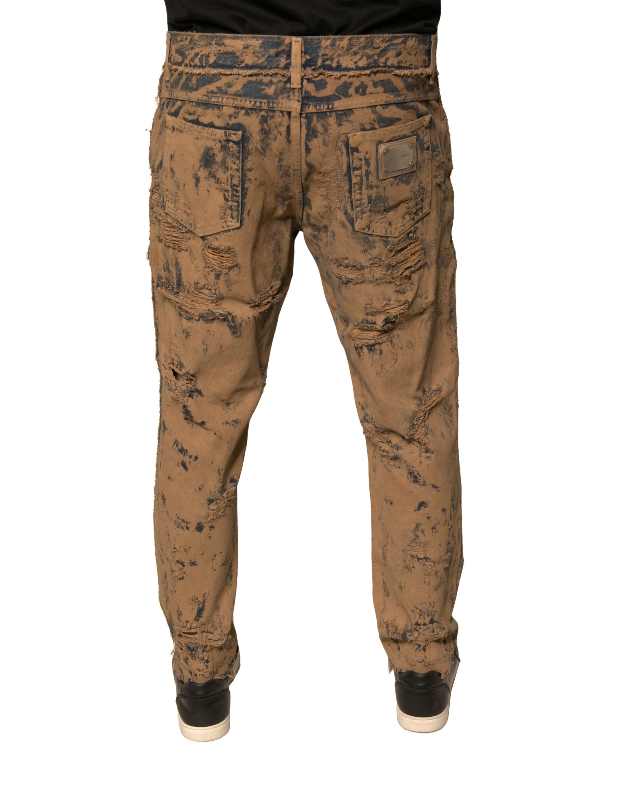 New Dolce & Gabbana Brown Tattered Cotton Skinny Denim Jeans
