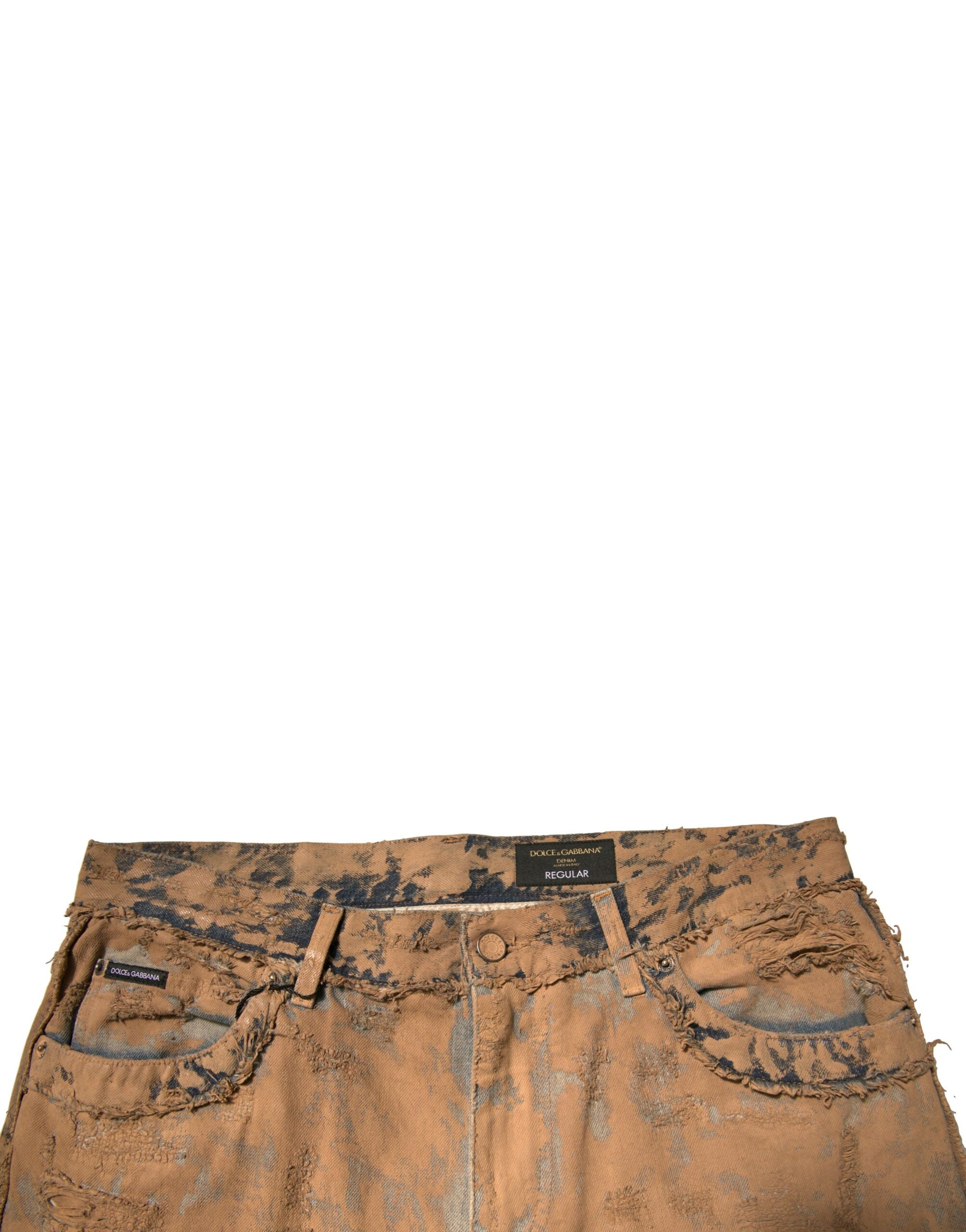 New Dolce & Gabbana Brown Tattered Cotton Skinny Denim Jeans