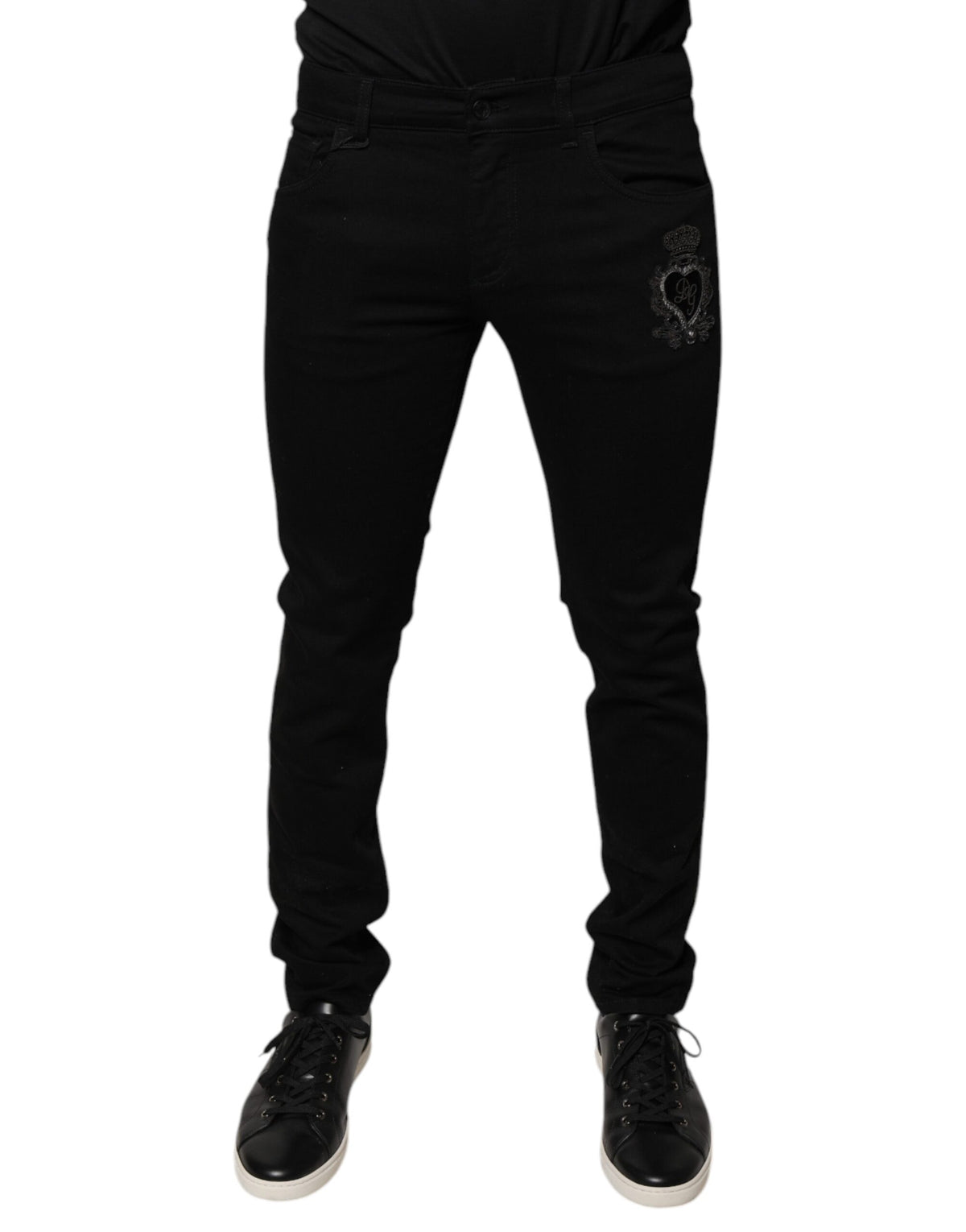 New Dolce & Gabbana Black DG Crown Logo Cotton Skinny Denim Jeans
